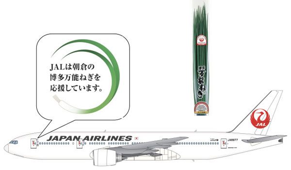 JAL、「博多万能ねぎ」のデカール機就航　ボーイング777型機1機に貼付