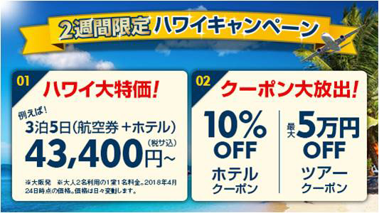 エクスペディア、2週間限定で「ハワイキャンペーン」　最大5万円割引クーポンなど配布