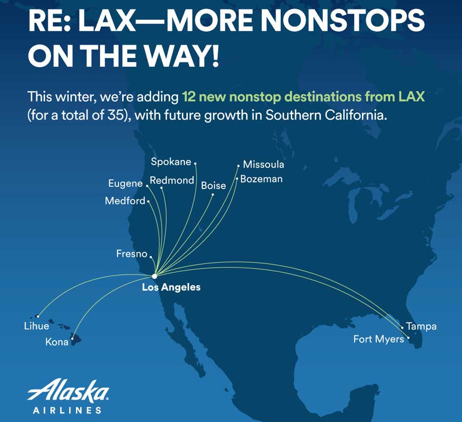 アラスカ航空、ロサンゼルスから7路線開設　フロリダやハワイなど
