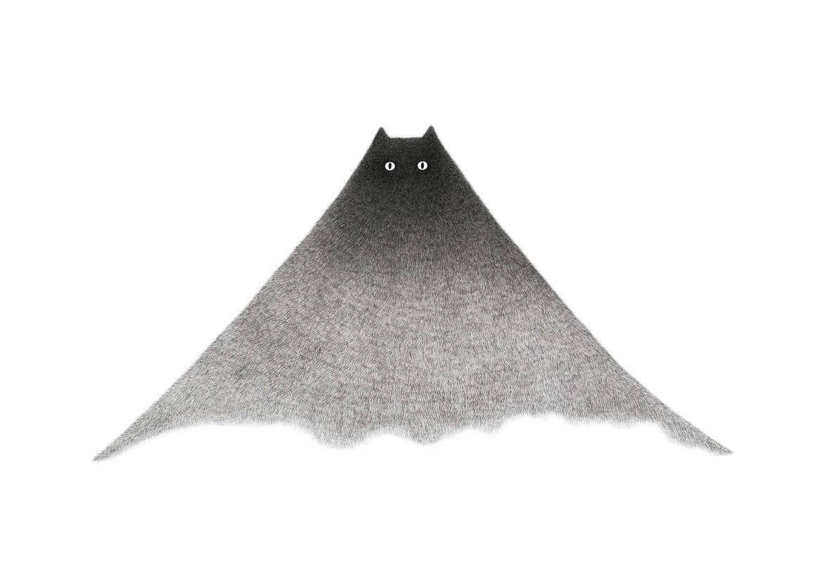 黒猫と貴き山とが壮美に融合、手描きで緻密なイラストレーション