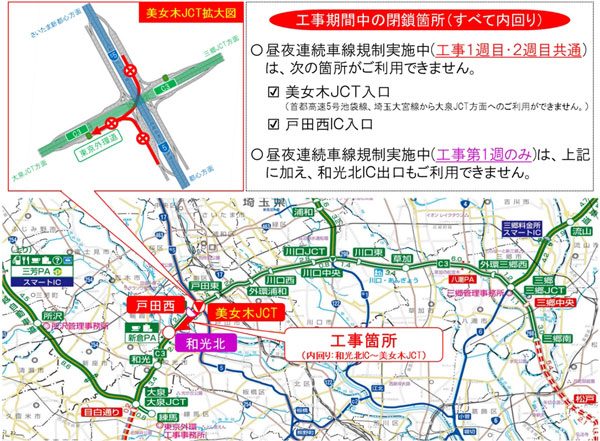 外環道・和光北IC〜美女木JCT間で昼夜車線規制　橋梁リニューアルで