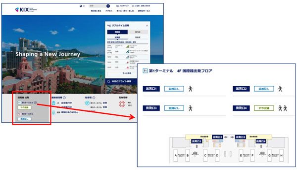 関西国際空港、国際線出発口の混雑状況を各所で表示　センサーで人数を認識し自動表示