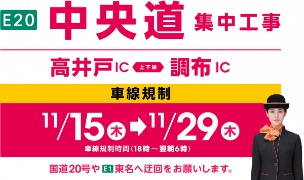 NEXCO中日本、中央道高井戸～調布ICで集中工事　11月15日から29日まで