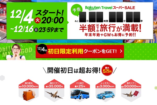 欧州往復2.98万円からなど　楽天トラベルスーパーSALE、4日午後8時から