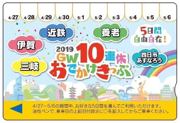 近鉄など5社、「2019 GW 10連休おでかけきっぷ」を発売　任意の5日全線乗り放題で9,500円