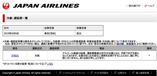 JTA機長、乗務前に基準値超えアルコール検出　2便欠航