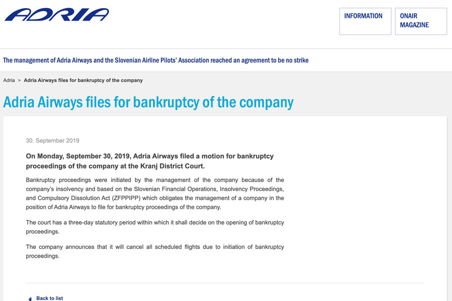 アドリア航空、破産手続き申し立て　全便運航停止へ