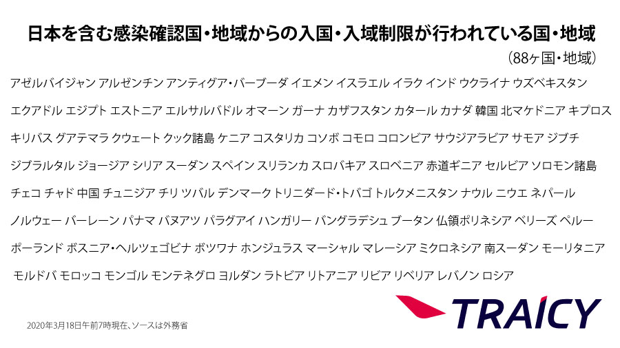 日本からの渡航者や日本人に対する入国・入境制限、入国・入域後の行動を制限している国一覧（3月18日午前7時時点）