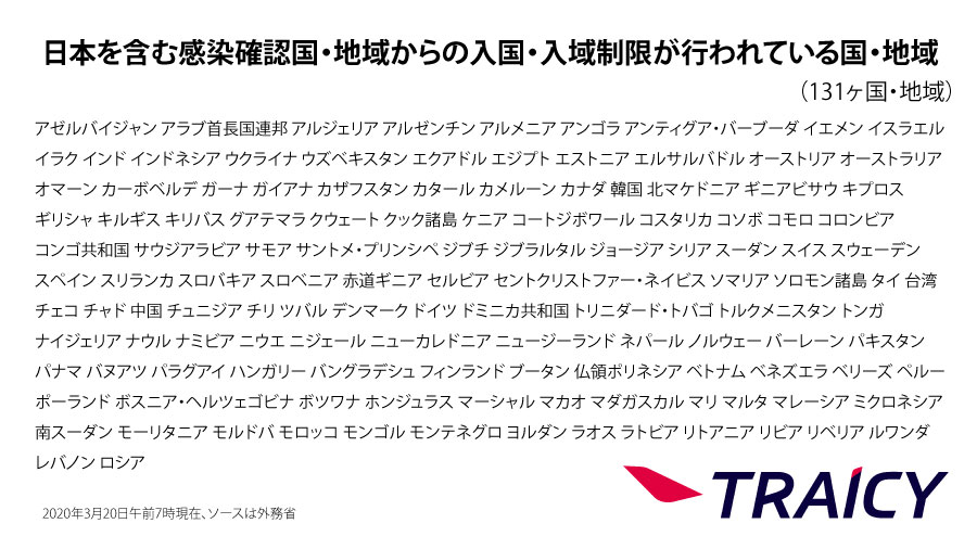 日本からの渡航者や日本人に対する入国・入境制限、入国・入域後の行動を制限している国一覧（3月20日午前7時時点）