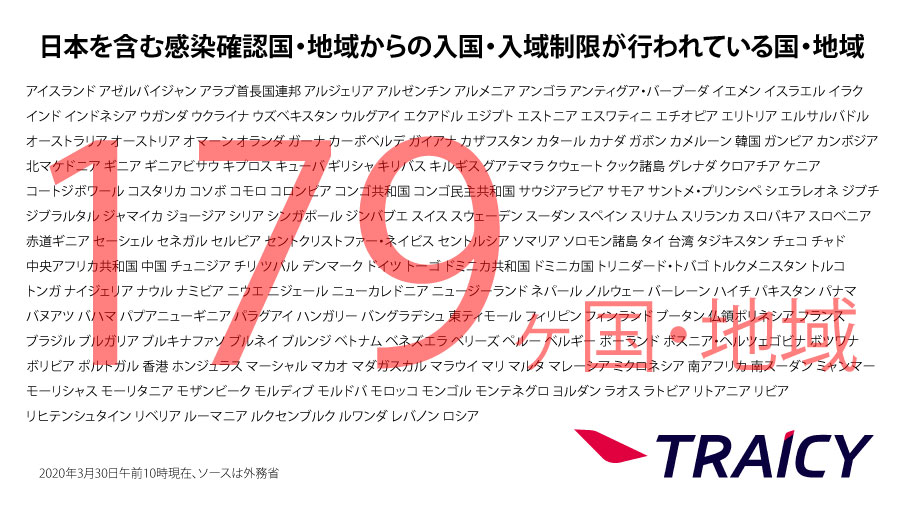 日本からの渡航者や日本人に対する入国・入境制限、入国・入域後の行動を制限している国一覧（3月30日午前10時時点）