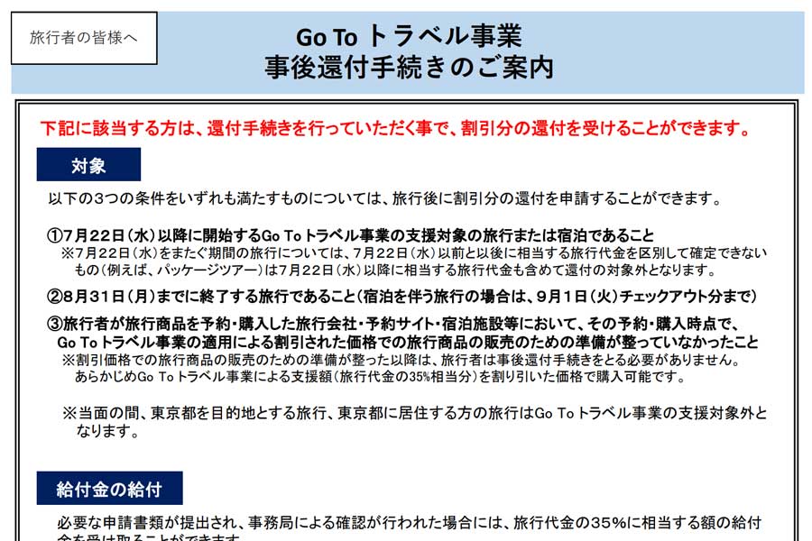 「Go To トラベルキャンペーン」、事後還付手続きの案内開始　8月14日から受付