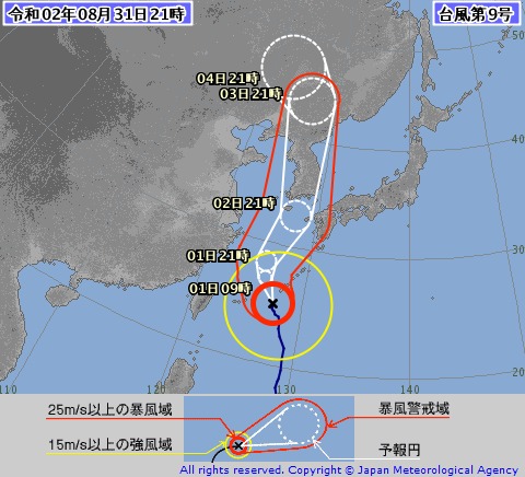 台風9号経路図（31日午後9時）