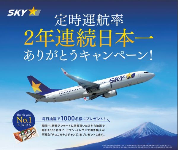 スカイマーク、定時運航率2年連続日本一ありがとうキャンペーン実施　チョコモナカジャンボプレゼント