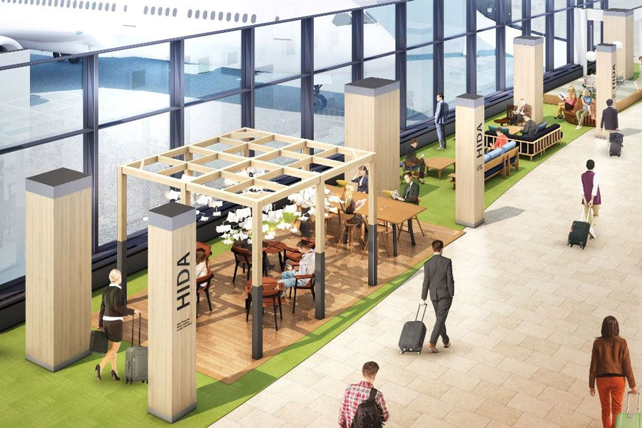 成田国際空港、T1第1サテライトに新シーティングスペース　HIDAの木製家具配置