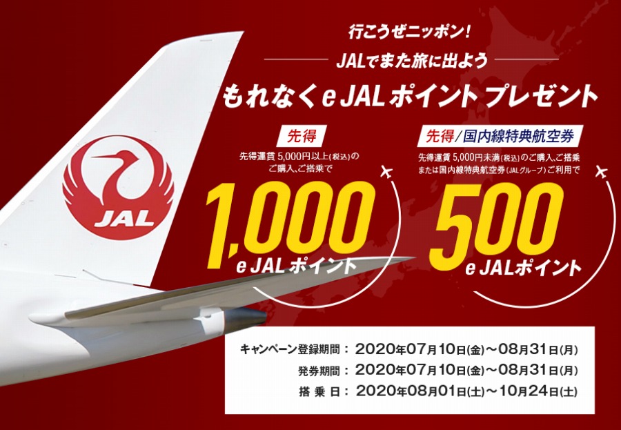 JAL、先得利用で1区間あたり最大1,000e JALポイントプレゼント　特典航空券も対象