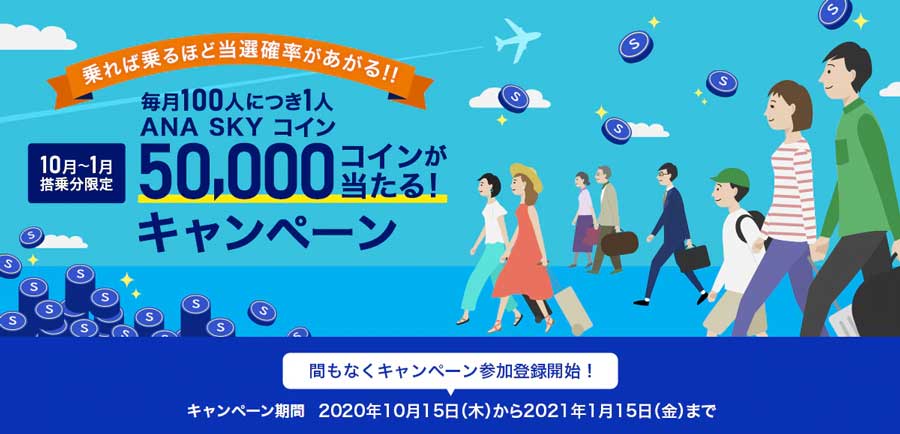 ANA、国内線利用で5万円分のスカイコインプレゼント　抽選で100人に1人