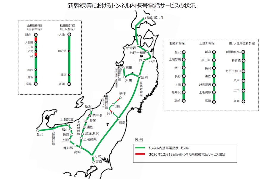 JR東日本、新幹線全区間で携帯電話利用可能に　山形新幹線の工事完了で