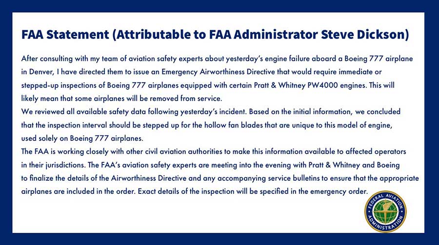 FAA、PW4000エンジンを搭載したボーイング777型機の運航停止を指示へ