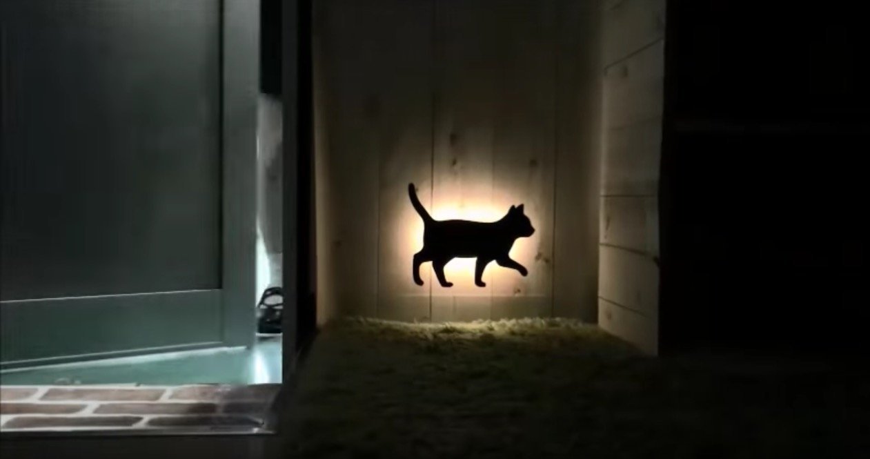 照らされて壁に浮かぶよ黒猫ライト、足音察して闇を照らして