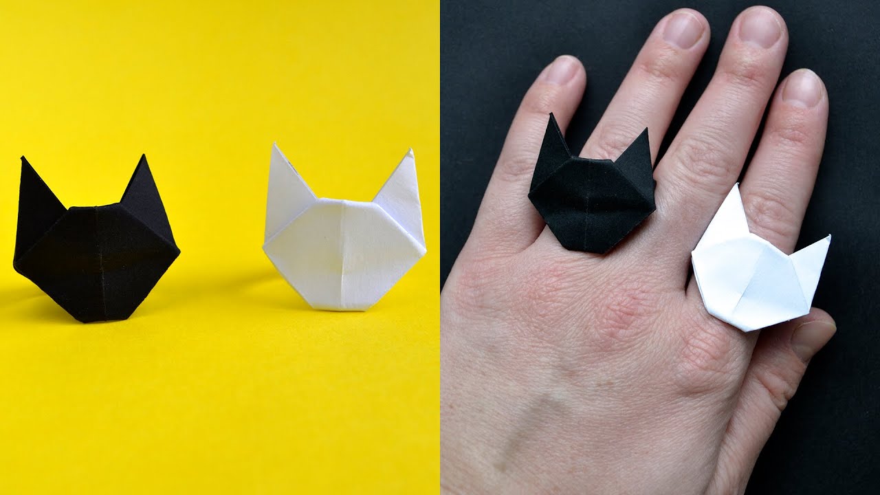折り紙で作る猫顔の指輪、黒でも白でも15ステップで